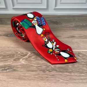 Holidays Christmas Necktie Mens Penguins Presents Candy Canes Red Holiday